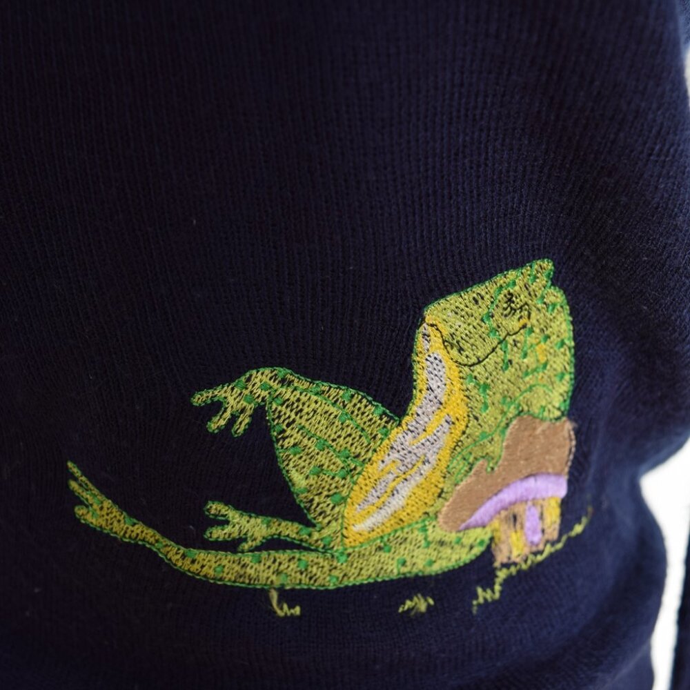 vintage 70s sweater navy embroidered FROGS Cyn Les Shirlee jumper top shirt M L - Picture 5 of 8